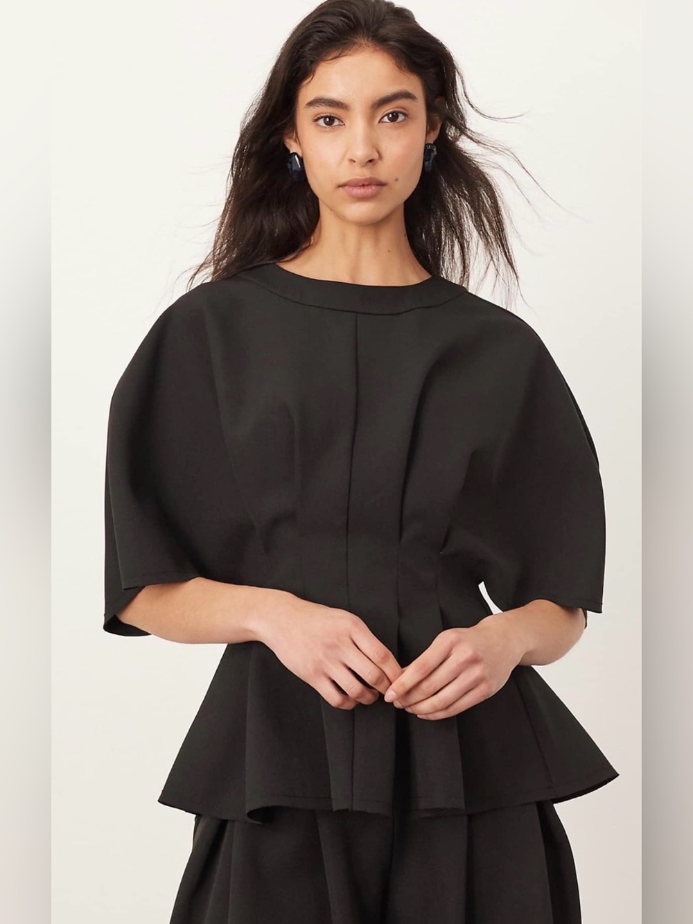 Arrange 8 Pleat Waist Short Sleeve Top Black Ruched Corset Sculptural NWT $95